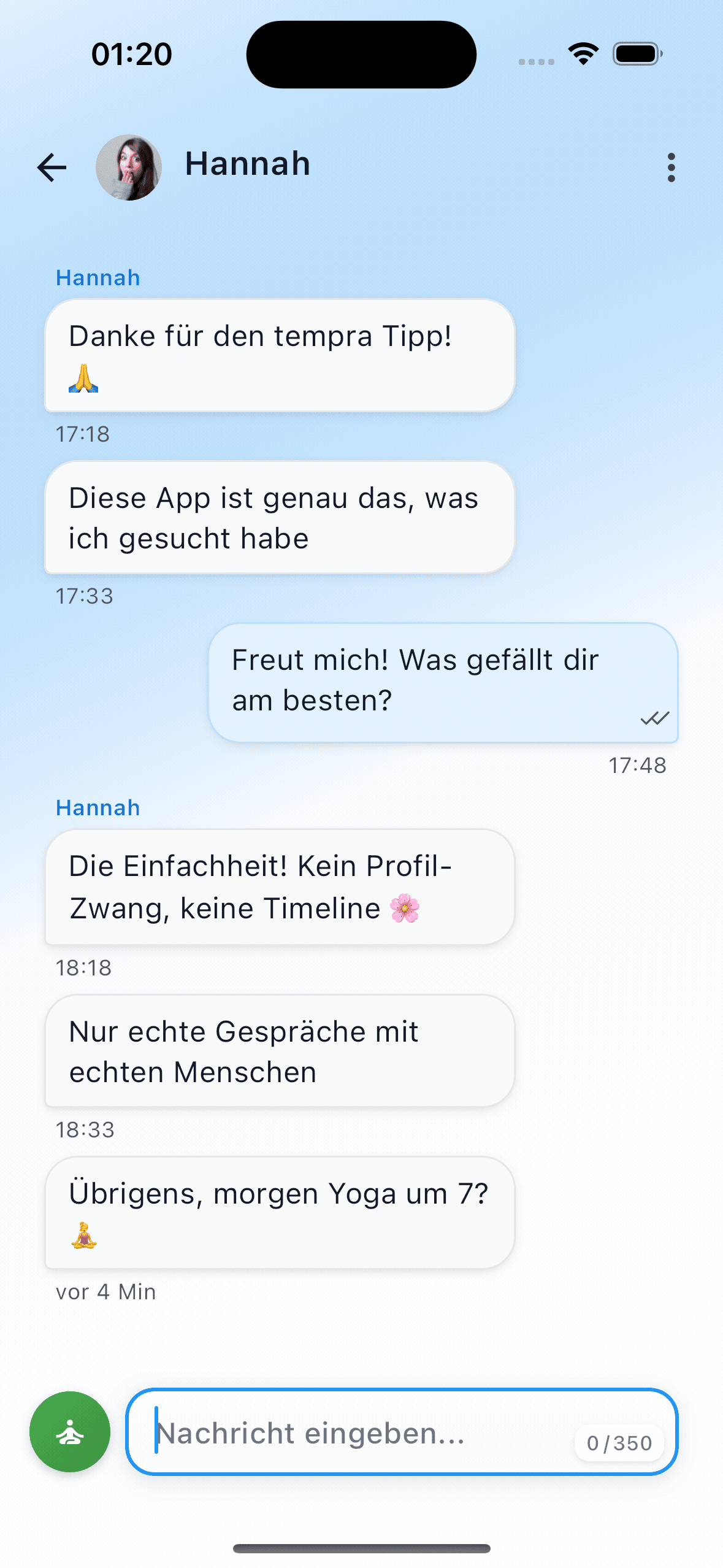 tempra Chat-Ansicht mit Ende-zu-Ende-Verschlüsselung und achtsamer Kommunikation ohne Lesebestätigungen